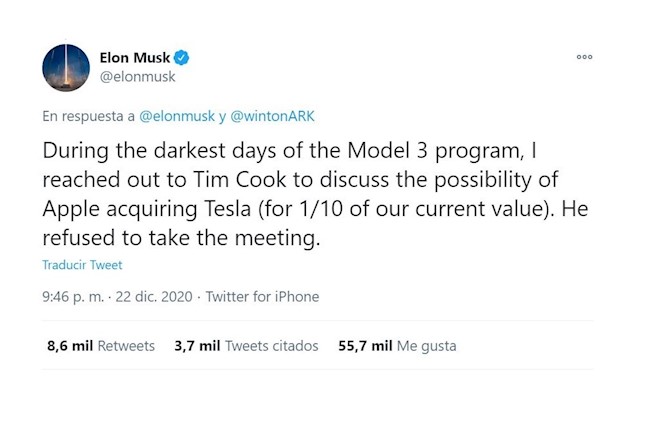 Elon Musk propuso la venta de Tesla a Apple por un 10% de su valor actual