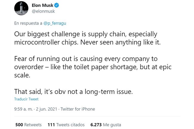 Elon Musk (Tesla) compara la escasez de semiconductores con el aprovisionamiento de papel higiénico