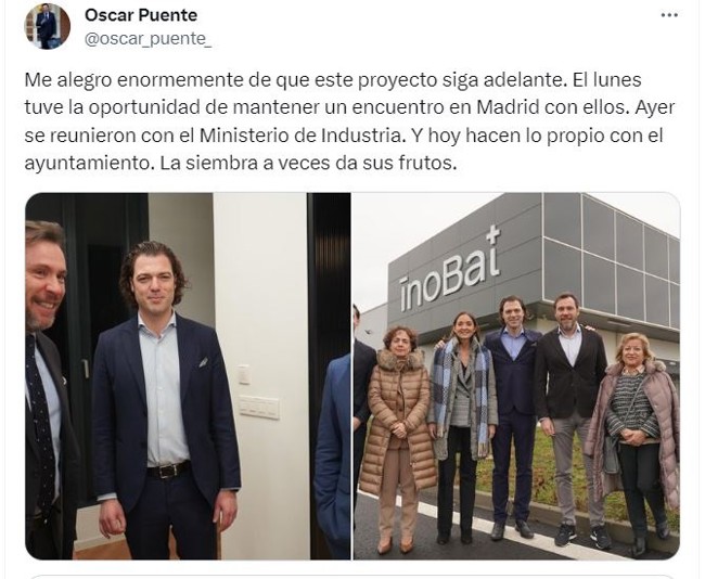 Puente se alegra por la continuidad del proyecto de InoBat en Valladolid: "La siembra da sus frutos"